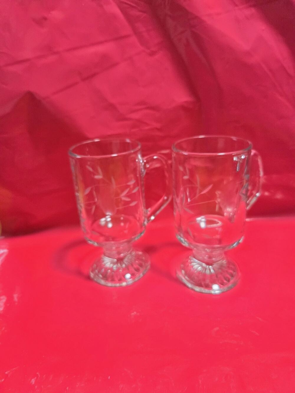 Princess House Footed Mugs Floral Etched Heritage 8oz Irish Coffee Cups set of 2